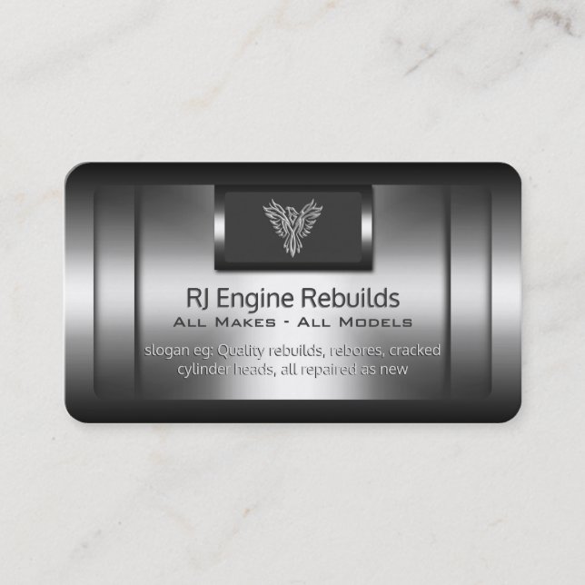 Engine Rebuilds - faux metal, silver phoenix Business Card (Front)