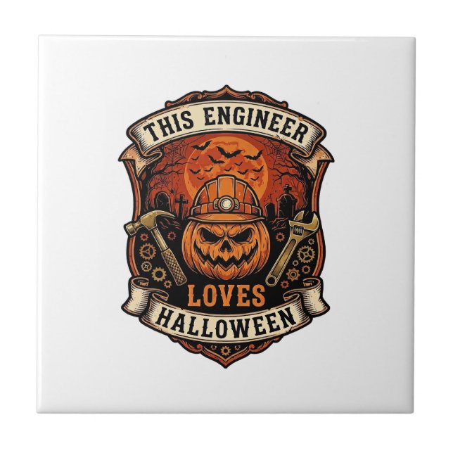 Engineer Loves Halloween Pumpkin Hard Hat Hammer W Ceramic Tile (Front)