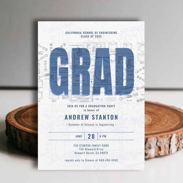 Engineering Graduation Engineer Grad Modern Draugh Invitation (engineering engineer graduation ceremony party invitation white blue grad modern minimalist elegant)