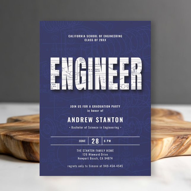 Engineering Graduation Engineer Navy White Party Invitation (engineering engineer graduation ceremony party invitation navy blue white template modern minimalist)