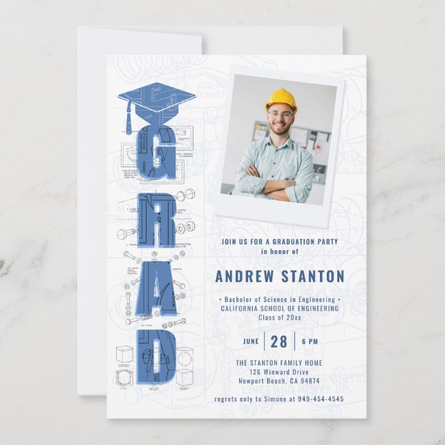Engineering Graduation Engineer Photo Blue White Invitation (Front)
