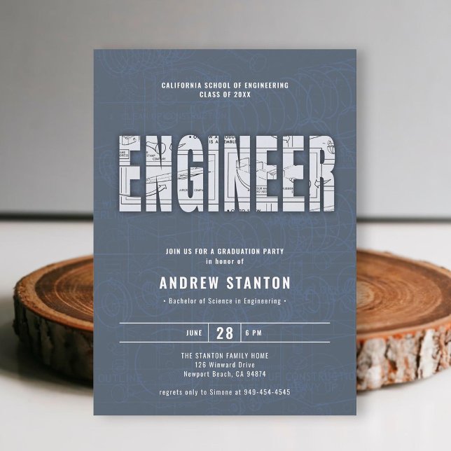 Engineering Graduation Engineer Steel White Party Invitation (engineering engineer graduation ceremony party invitation gray white template modern minimalist)