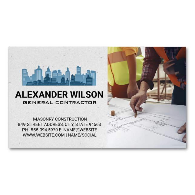 Engineers Blueprints | City Skyline Magnetic Business Card (Front)