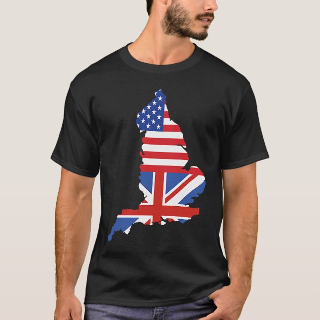 England Map US UK Flag Half British Half American T-Shirt (Front)