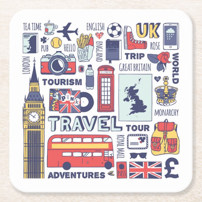 England Travel Doodles Square Paper Coaster (Front)