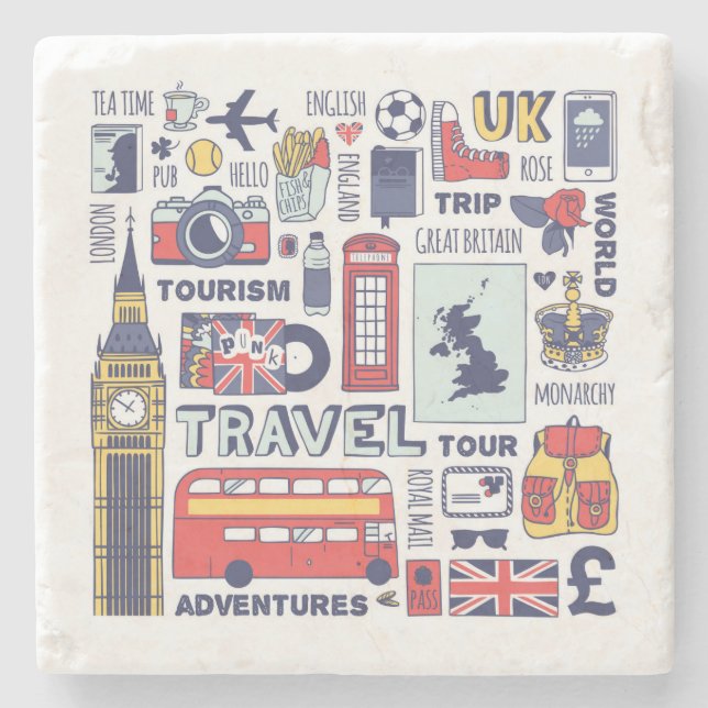 England Travel Doodles Stone Coaster (Front)