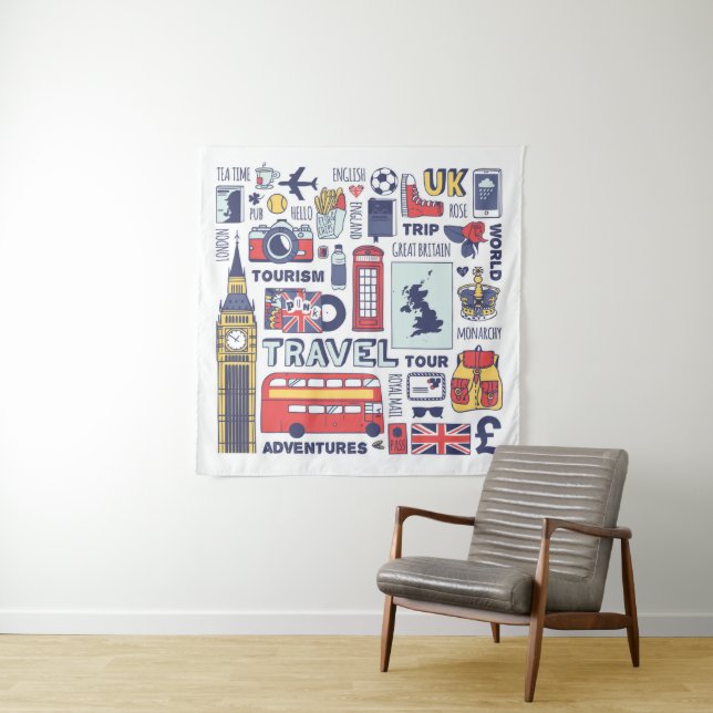 England Travel Doodles Tapestry (In Situ (Horizontal))