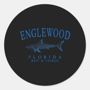 Englewood Florida Shark Retro Arched Blue Letters Classic Round Sticker