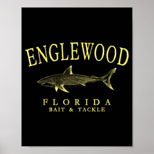 Englewood florida shark vintage yellow art fishing poster