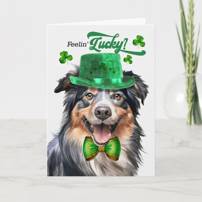 Englis Shepherd Dog Feelin' Lucky St Patrick's Day Holiday Card (Front)