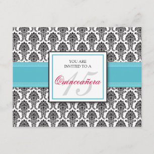 ENGLISH Aqua Damask Quinceanera Invitation
