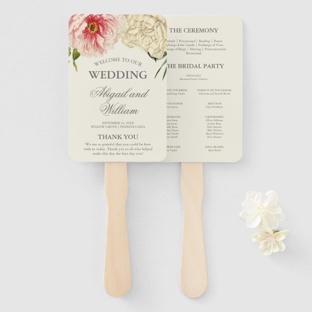 English Blooms Wedding Program Hand Fan (Front and Back)