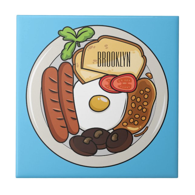 English breakfast cartoon illustration ceramic tile (Front)