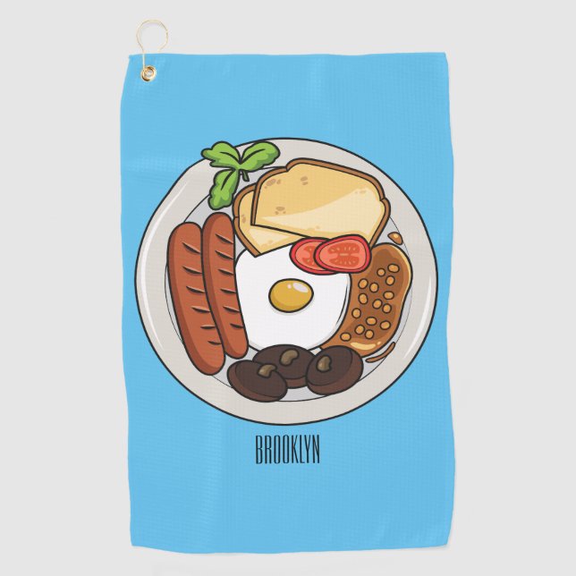 English breakfast cartoon illustration golf towel (Front)