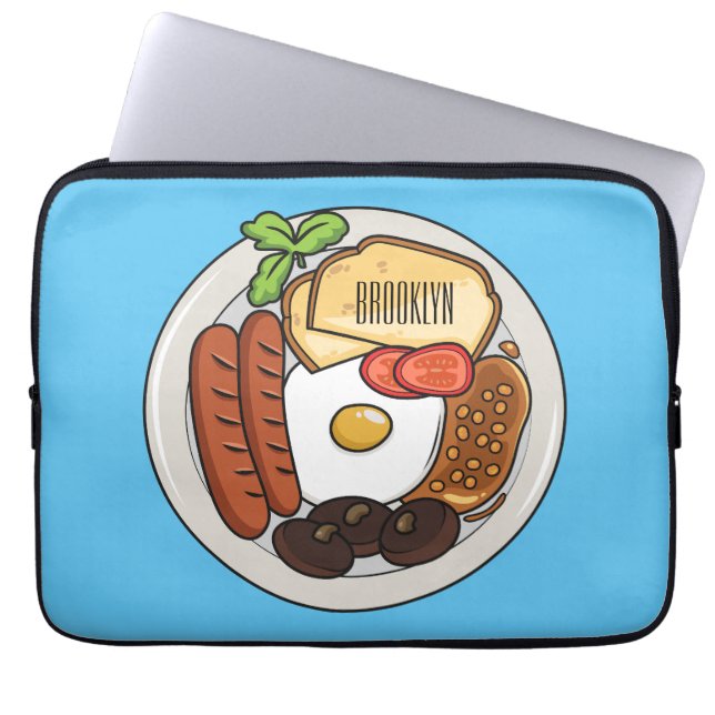 English breakfast cartoon illustration laptop sleeve (Front)