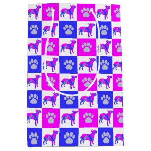 English Bull Terrier Dog & Paw Hot Pink & Blue Medium Gift Bag