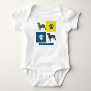 English Bull Terrier Dog & Paw Y&B Grid Square Baby Bodysuit