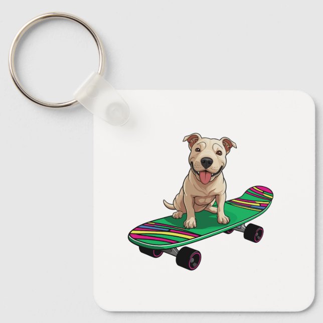 English Bull Terrier on a Skateboard Key Ring (Front)