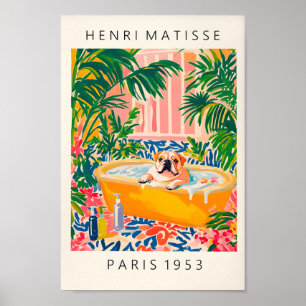 English Bulldog Art Print, Floral Bathroom Print,  Poster