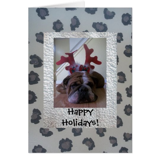 English bulldog as reindeer Happy Holiday card