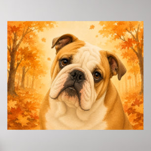 English Bulldog Autumn Forest Dog Poster