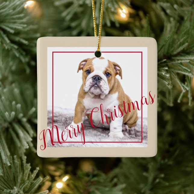 English Bulldog Christmas Custom Holiday Photo Ceramic Ornament (Tree)