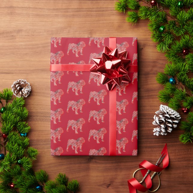English Bulldog Christmas Dog Cute Silhouette Red Wrapping Paper (Holiday Gift)