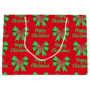 English Bulldog Christmas Dog & Green Bow Large Gift Bag