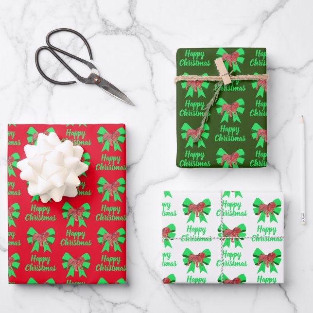 English Bulldog Christmas Dog & Green Bow Wrapping Paper Sheet (Front)