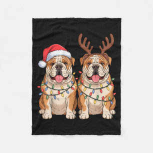 English Bulldog Christmas Santa Hat Reindeer Light Fleece Blanket