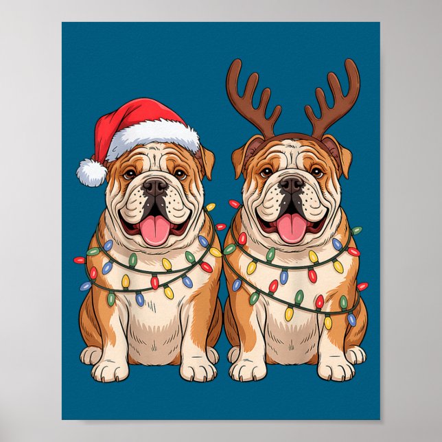 English Bulldog Christmas Santa Hat Reindeer Light Poster (Front)