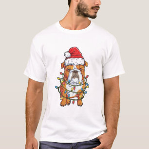 English Bulldog Christmas Santa Hat Xmas Lights T-Shirt