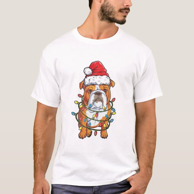 English Bulldog Christmas Santa Hat Xmas Lights T-Shirt (Front)