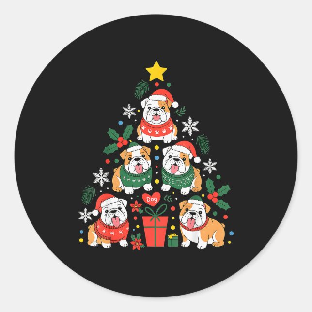 English Bulldog Christmas Tree Dog Lover Women Men Classic Round Sticker (Front)