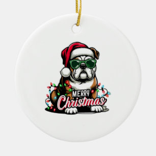 English Bulldog Christmas Tree Lights Santa Dog  Ceramic Ornament