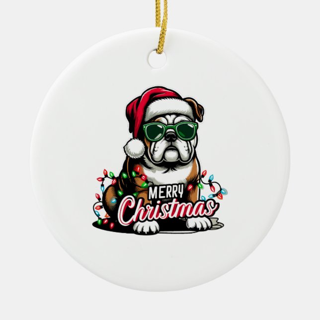 English Bulldog Christmas Tree Lights Santa Dog  Ceramic Ornament (Front)