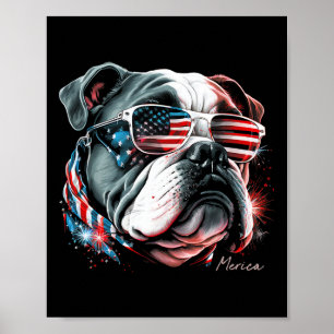English Bulldog Dog 4th Of July American Flag Usa Poster