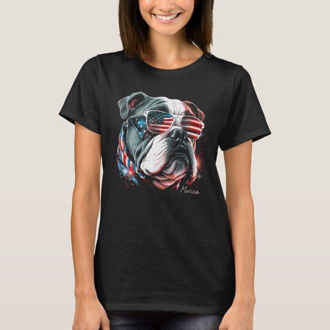 English Bulldog Dog 4th of July American Flag USA  T-Shirt (Front)