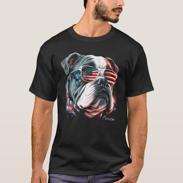 English Bulldog Dog 4th of July American Flag USA  T-Shirt (Front)