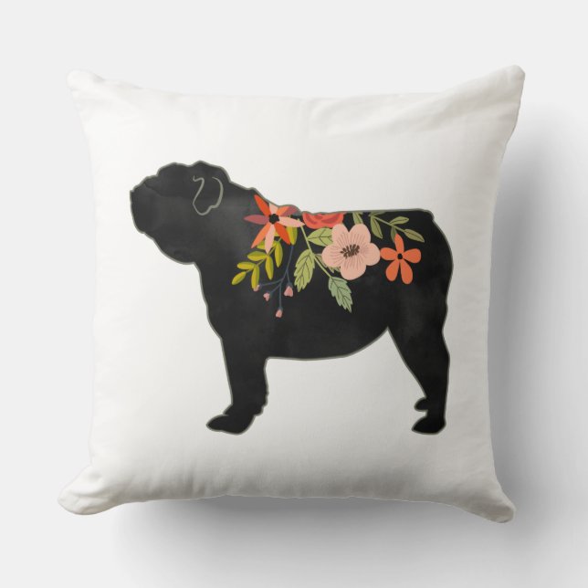 English Bulldog Dog Breed Boho Floral Silhouette Cushion (Front)