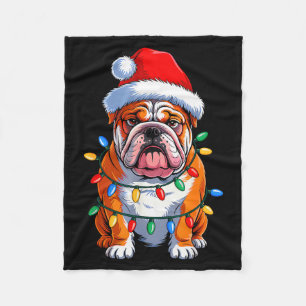 English Bulldog Dog Christmas Lights Santa Hat Xma Fleece Blanket