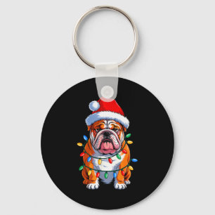 English Bulldog Dog Christmas Lights Santa Hat Xma Key Ring