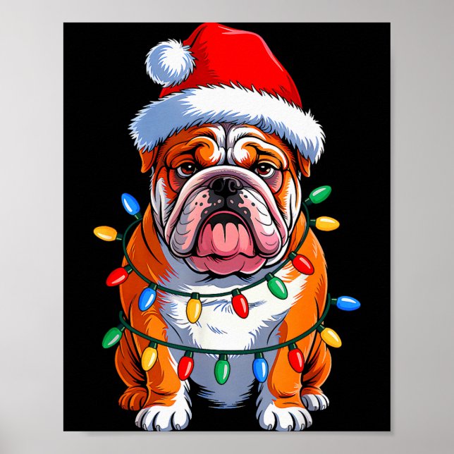 English Bulldog Dog Christmas Lights Santa Hat Xma Poster (Front)