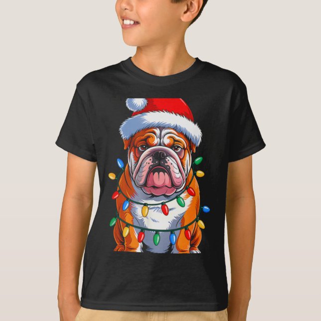 English Bulldog Dog Christmas Lights Santa Hat Xma T-Shirt (Front)