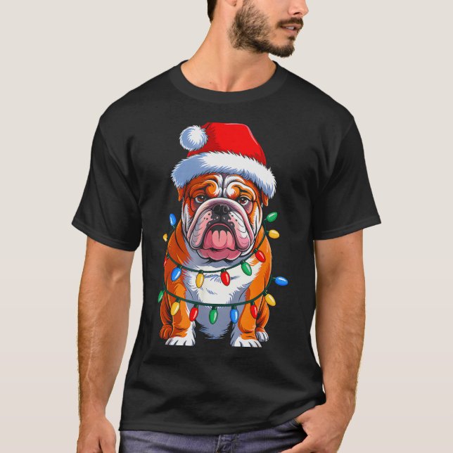 English Bulldog Dog Christmas Lights Santa Hat Xma T-Shirt (Front)