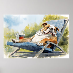 English Bulldog Dog Relaxing In Garden Animal Fun Poster