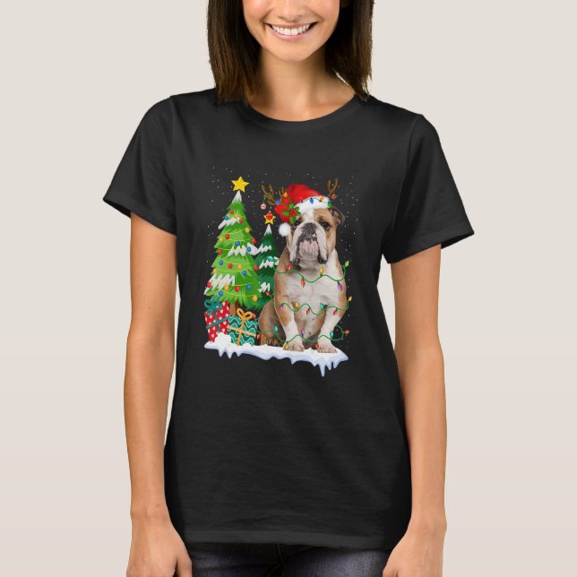 English Bulldog Dog Santa Hat Reindeer Christmas L T-Shirt (Front)