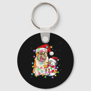 English Bulldog Dog Snowman Santa Hat Lights Key Ring