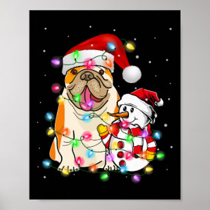 English Bulldog Dog Snowman Santa Hat Lights  Poster
