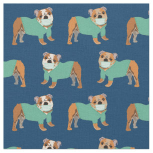 English Bulldog dogs in scrubs navy blue Fabric